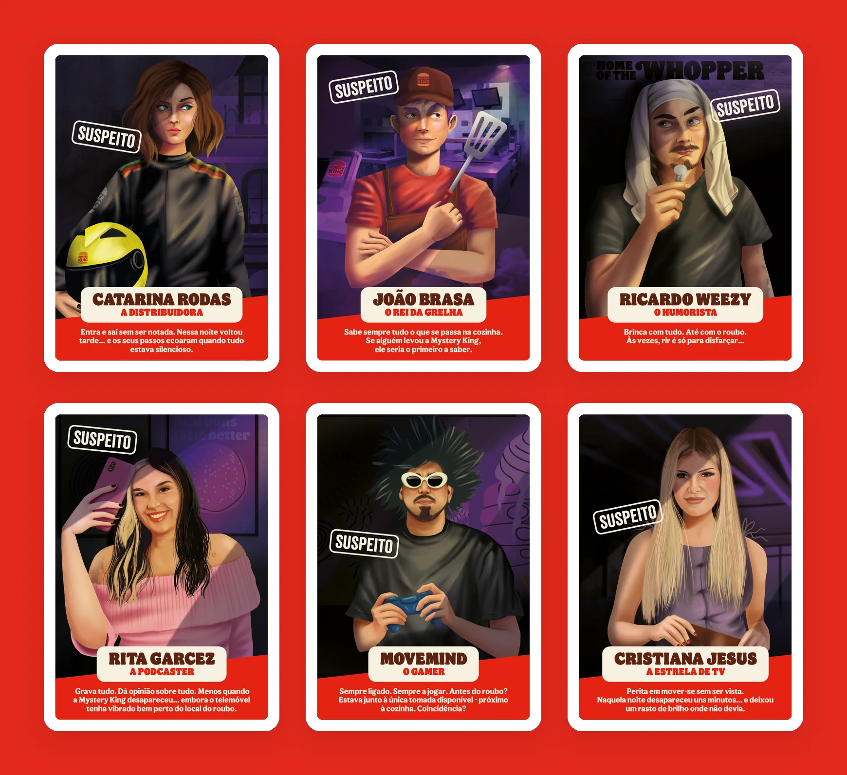 Cartas de sospechosos de Mystery King: influencers ilustrados a mano