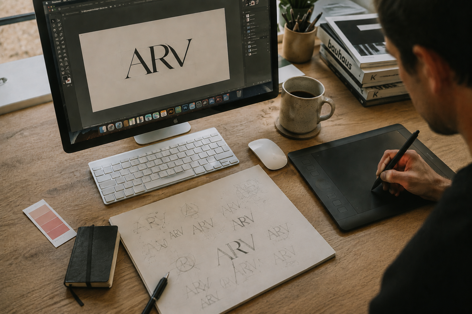 Diseñador creando el logotipo en su estudio