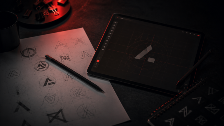 Bocetos de logotipos y una tableta con un símbolo de marca — cuánto cuesta un logotipo profesional, CHUF Agency
