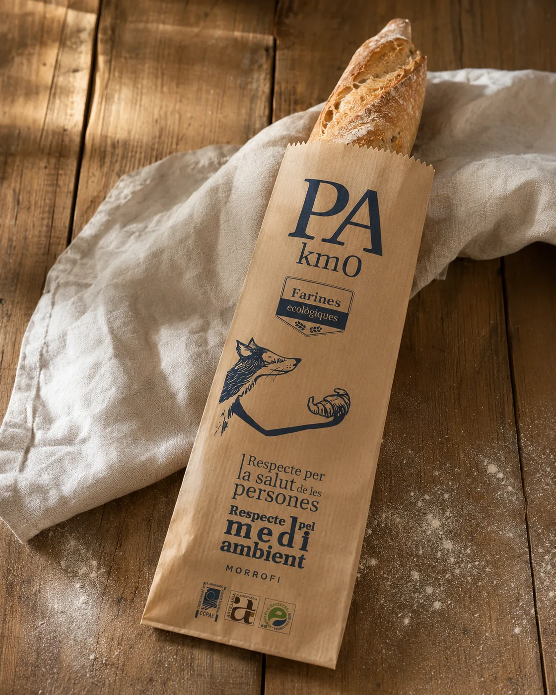 Packaging de Morrofi: bolsa de pan kraft con la ilustración del zorro y una baguette artesana