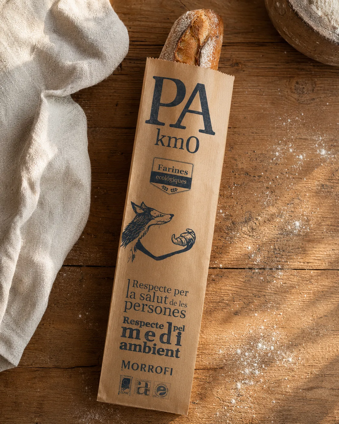 Bolsa de pan de Morrofi con harina espolvoreada y baguette artesana