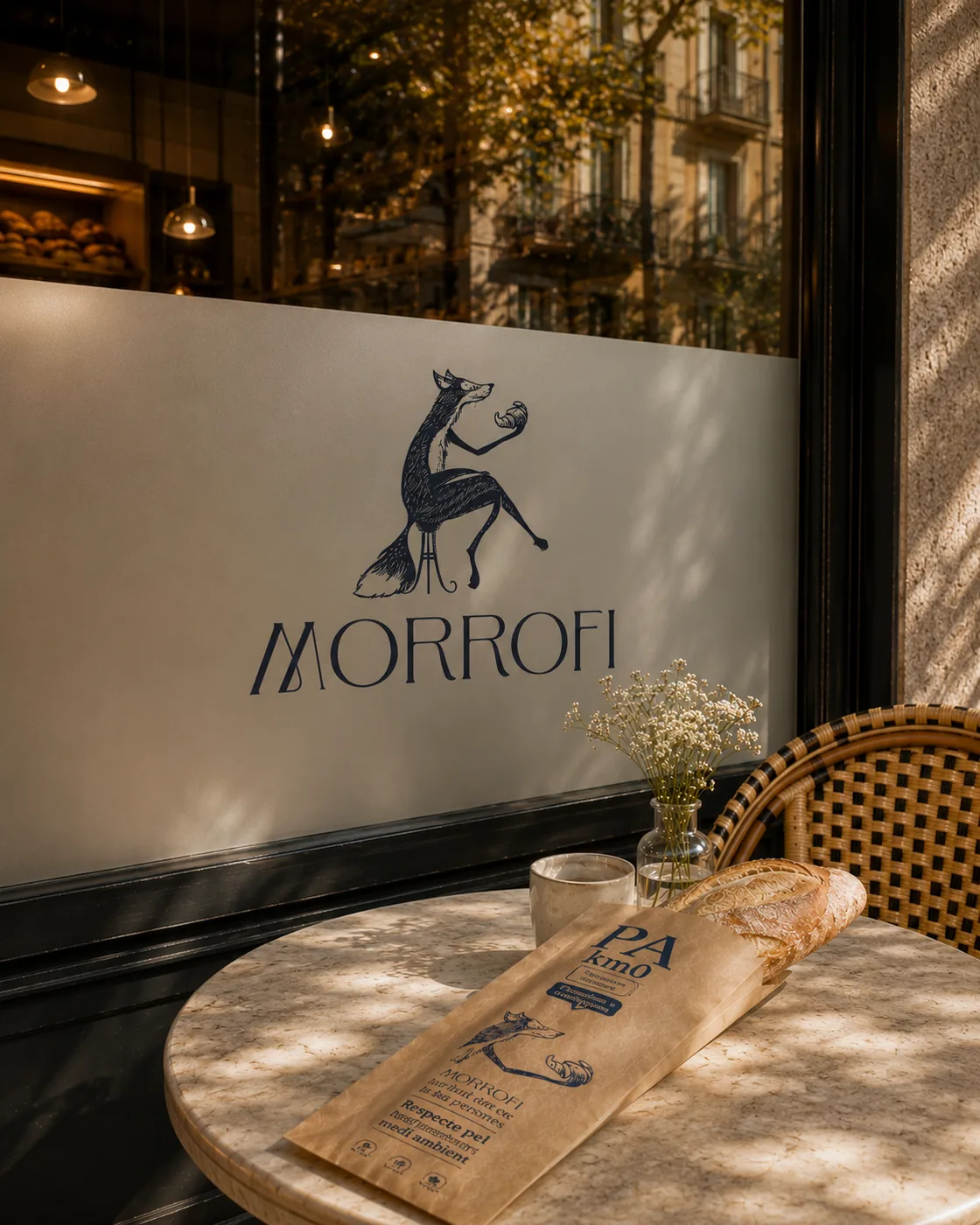 Branding de Morrofi aplicado en su pastelería: logotipo del zorro en la pared y bolsa de pan sobre la mesa