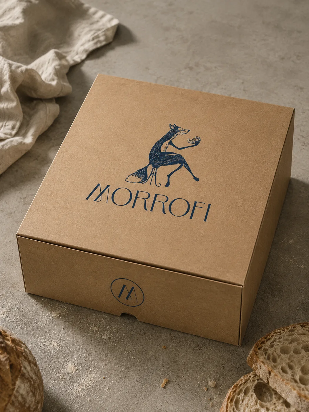 Packaging de Morrofi: caja de kraft con el logotipo del zorro y pan artesano