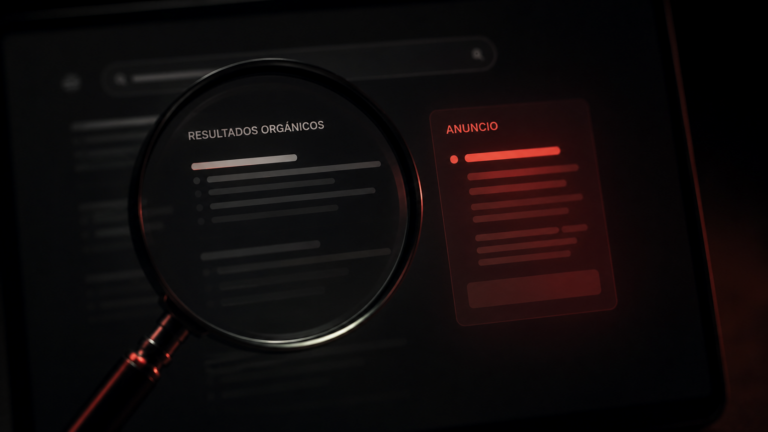 Lupa sobre resultados orgánicos y un anuncio — SEO vs Google Ads, CHUF Agency