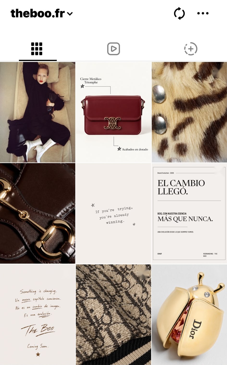 Feed de Instagram de Boo, theboo.fr, con fichas de producto, detalles y mensajes del rebranding