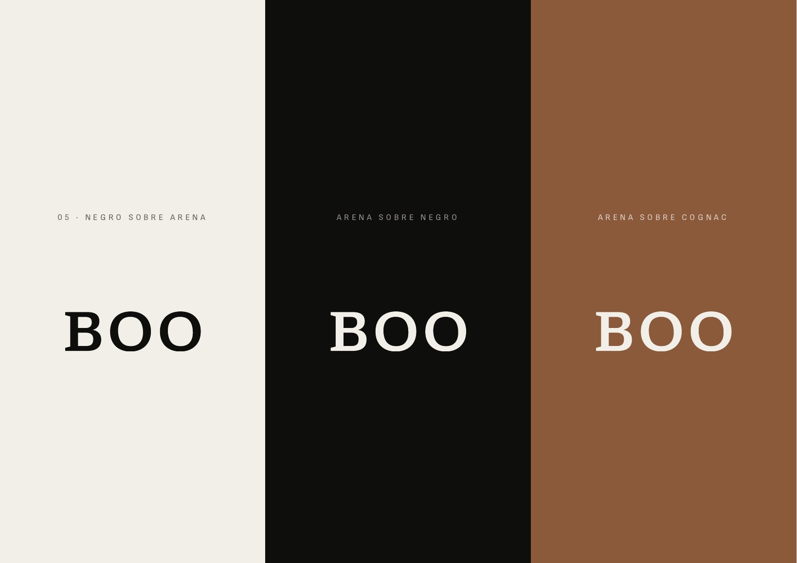 Página del manual de identidad de Boo con el logotipo sobre arena, negro y cognac