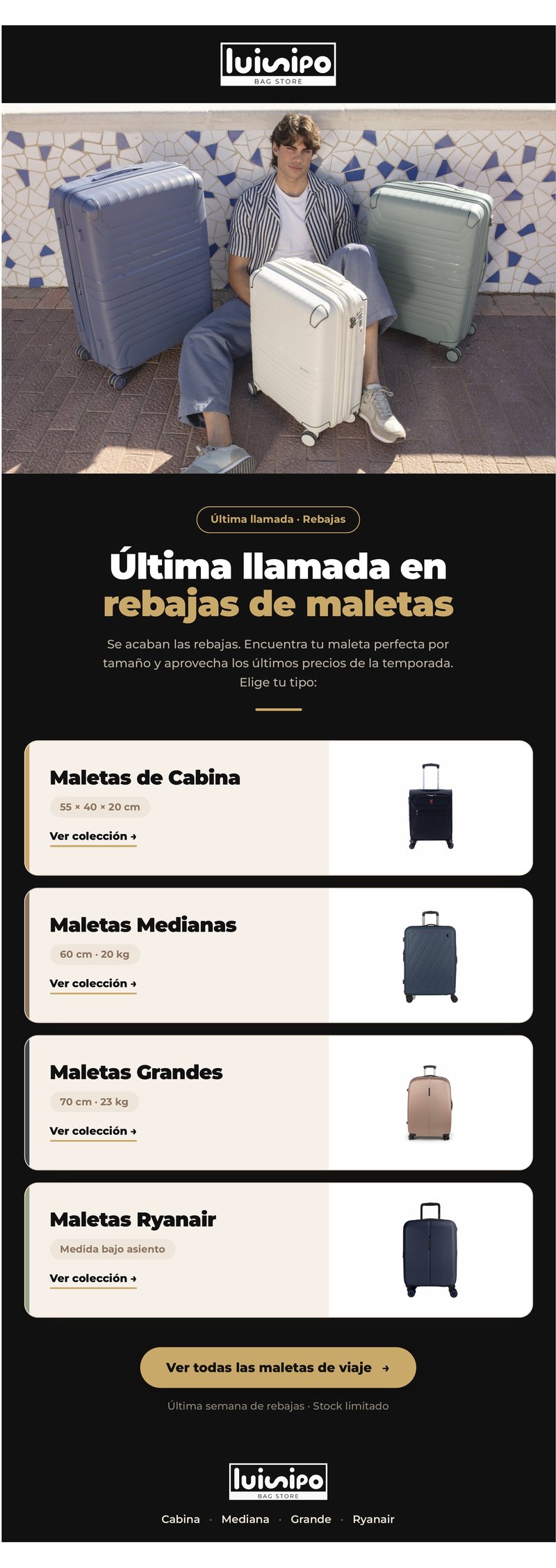 Newsletter de Luisipo, última llamada en rebajas de maletas